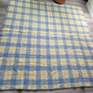60s Vintage Real Dutch 100% Virgin Wool Queen Size Blanket Blue Yellow Plaid MCM